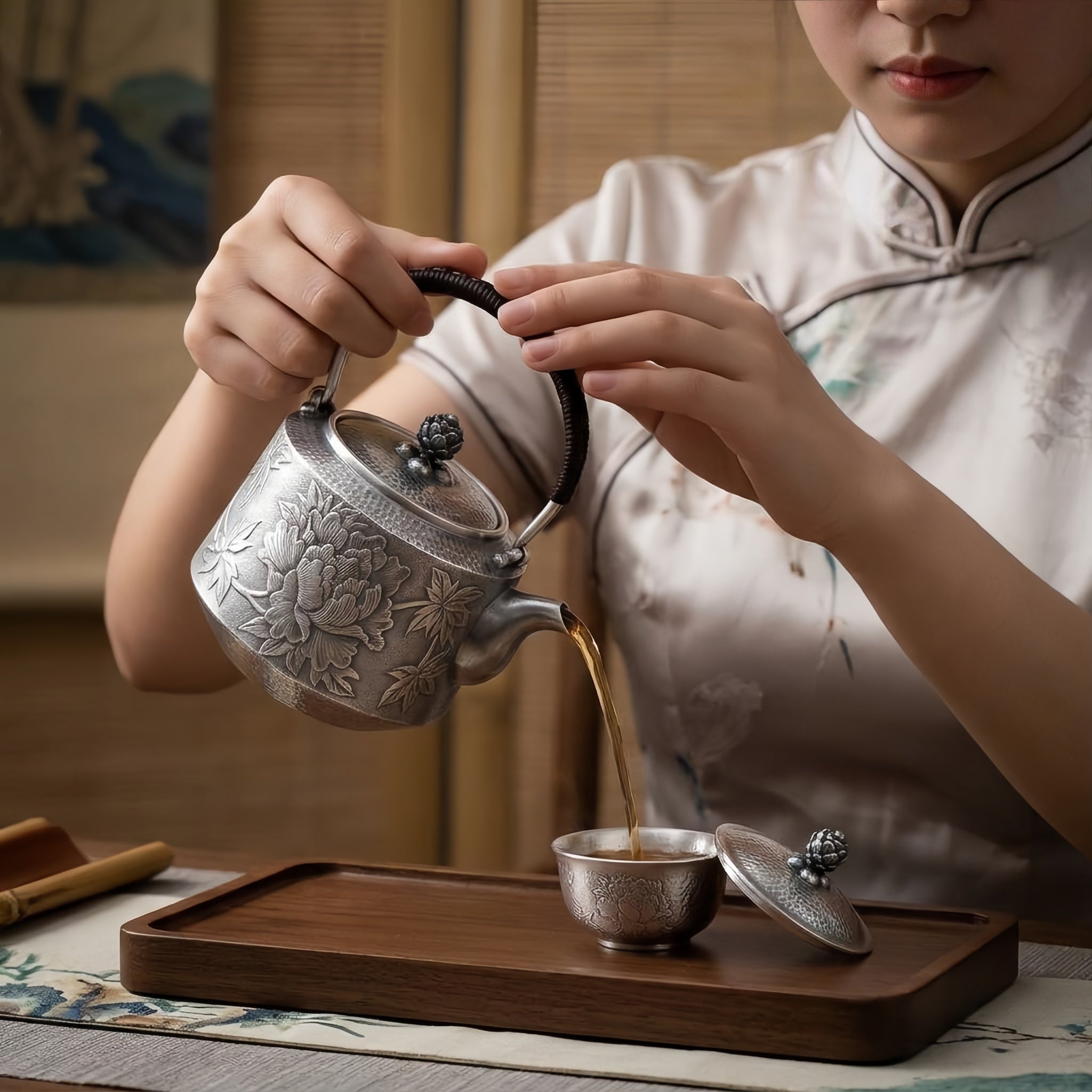 Pure 999 Fine Silver Elegant  Peony Teapot with Wooden Handle-Fine Teapot with Handle - Handicraft