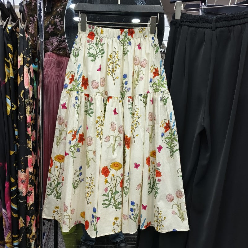 Mid-Length High-Waisted Youthful All-Match A-Line Floral Skirt