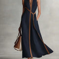 Color Block Sleeveless Stand Collar Linen Blend Dress
