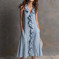 Solid-color Sleeveless Cotton-Linen V-Neck Maxi Dress With Ruffled Hem