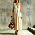 Cotton-Linen Loose V-Neck Single-Buckle Long Sleeveless Dress