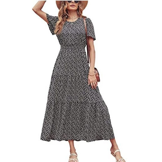 Womens Short-Sleeve Crew-Neck Pleated Elastic-Waist Layered Maxi Dress