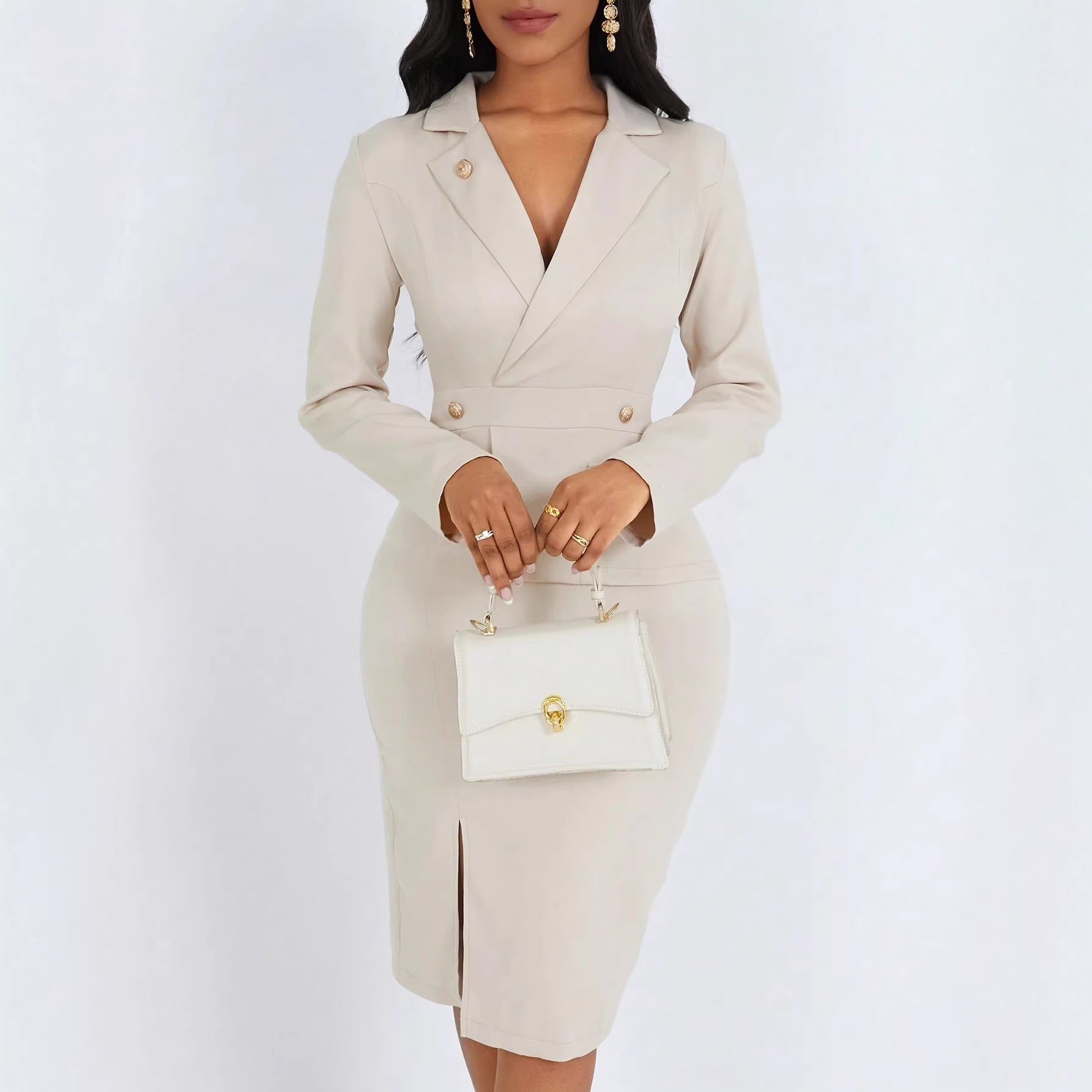 Women's Solid-Colored Lapel-Neck Long-Sleeve Dress