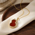 925 Sterling Silver Elegant Red Carnelian Hulu Gourd Pendant Necklace with Sparkling Crystal Halo