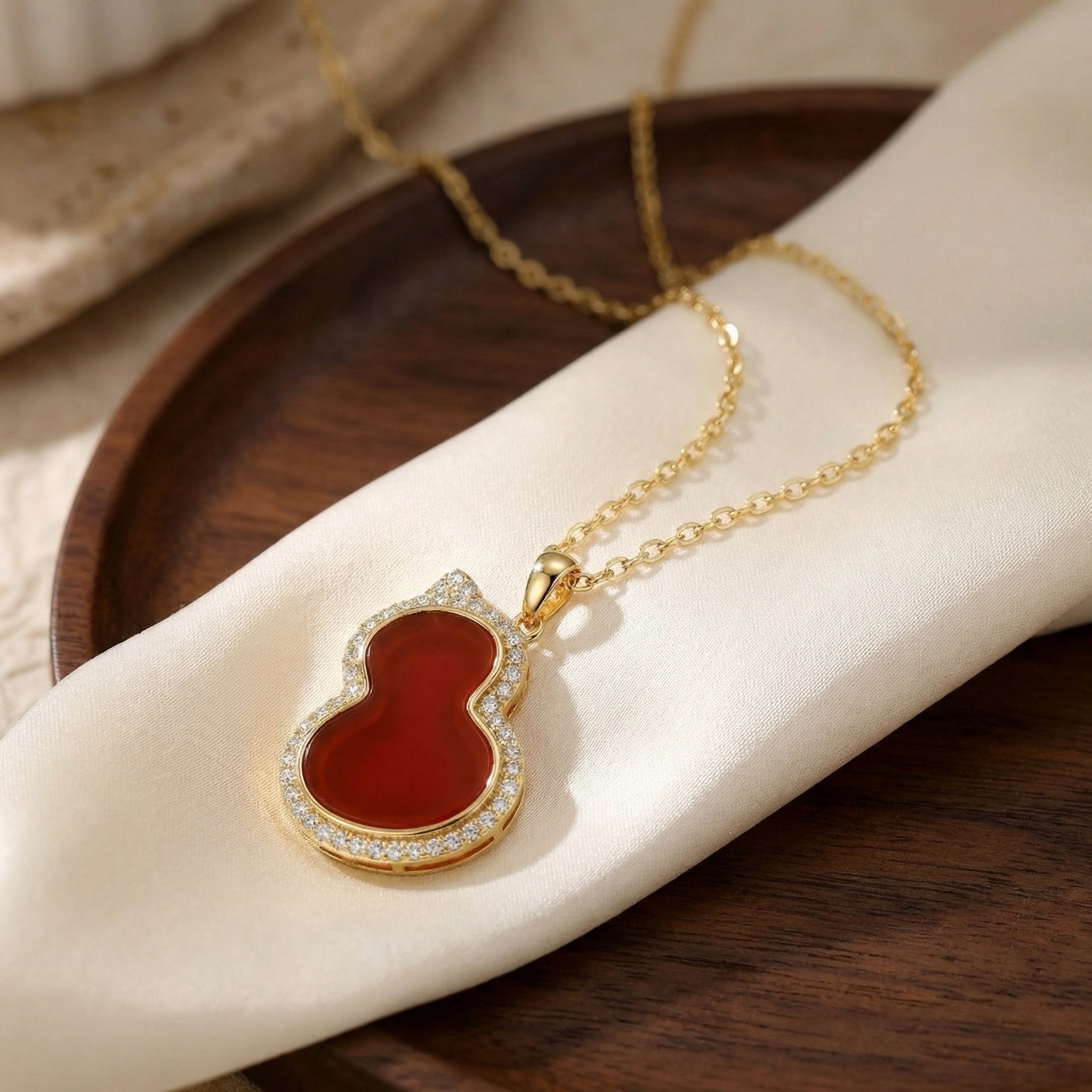 925 Sterling Silver Elegant Red Carnelian Hulu Gourd Pendant Necklace with Sparkling Crystal Halo