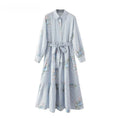 Spring Womens Fashion Long-Sleeve Lapel-Neck Printed Dress