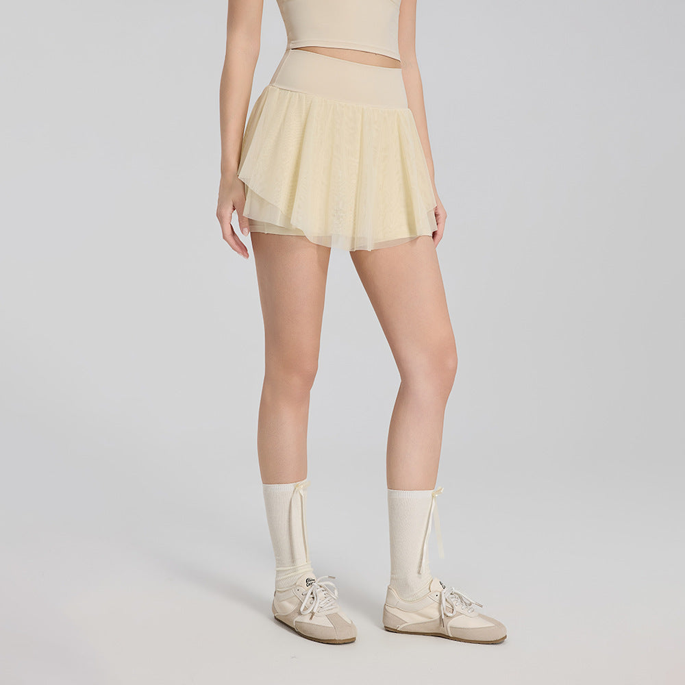 Summer Elastic Waist Sheer Panel Pocket Yoga Skirt