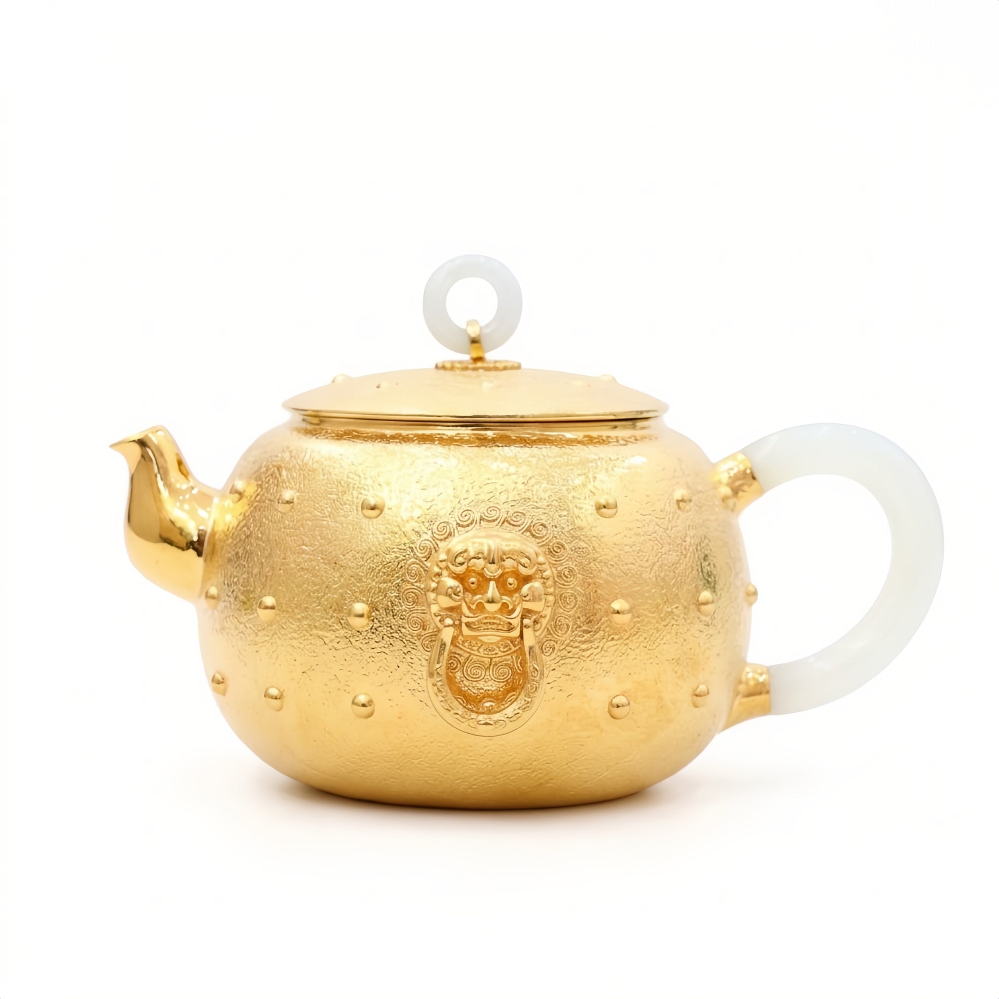 Pure 999 Fine Silver Imperial Ornate Metal Teapot with White Stone Handle and Mythical Guardian Mask - Handicraft