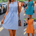 Woven Buttoned Lace-Up Waist-Cinching Solid Color Dress