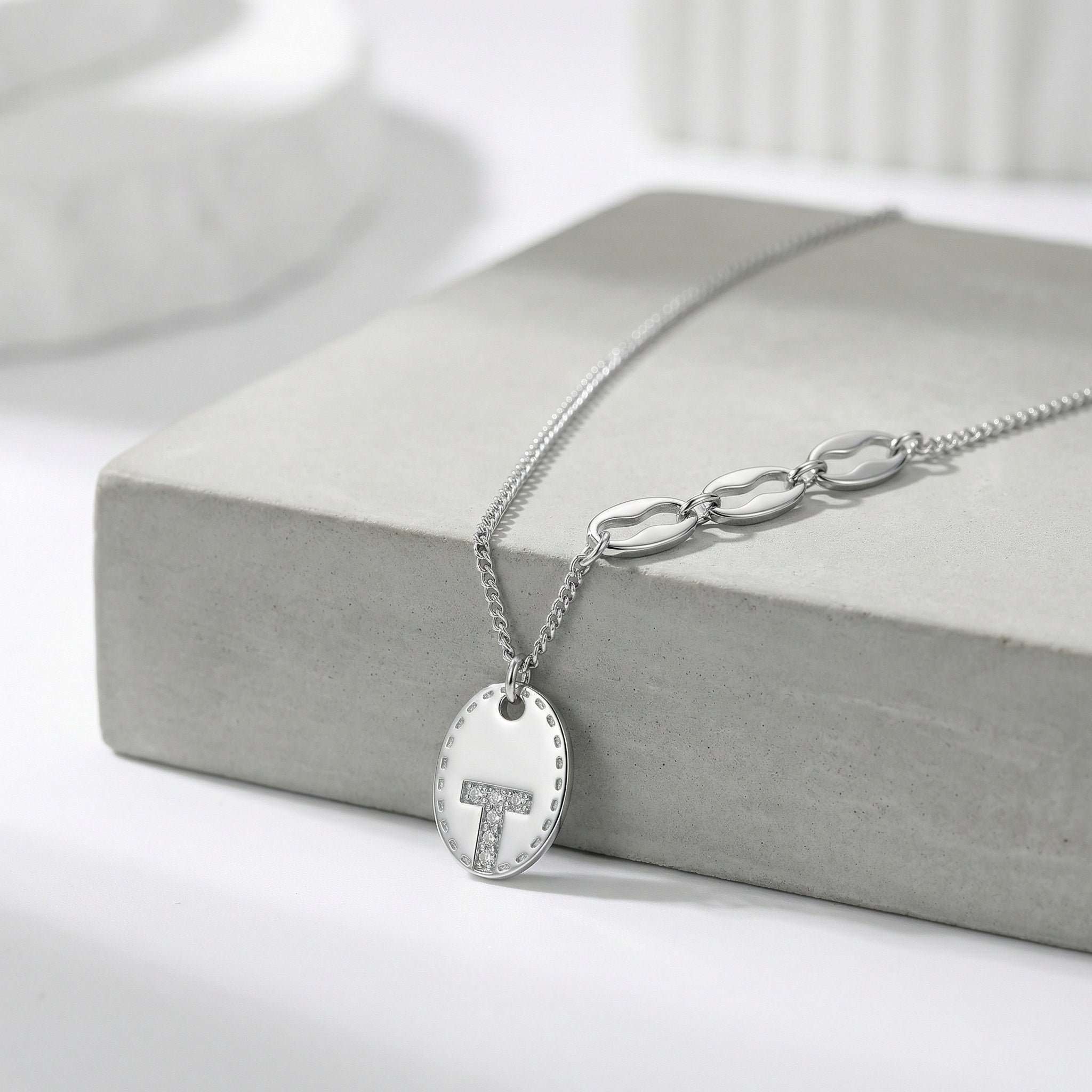 925 Sterling Silver Elegant Silver Oval "T" Initial Pendant Necklace with Asymmetrical Geometric Chain Links