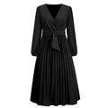 Women's V-Neck Long Sleeve Dress, High Waist Pleated A-Line Midi Dress With Belt, Elegant Casual Work Party Dress
