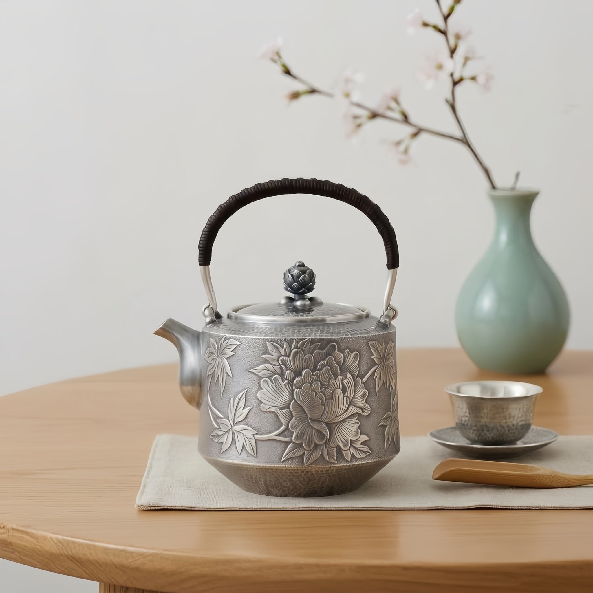 Pure 999 Fine Silver Elegant  Peony Teapot with Wooden Handle-Fine Teapot with Handle - Handicraft