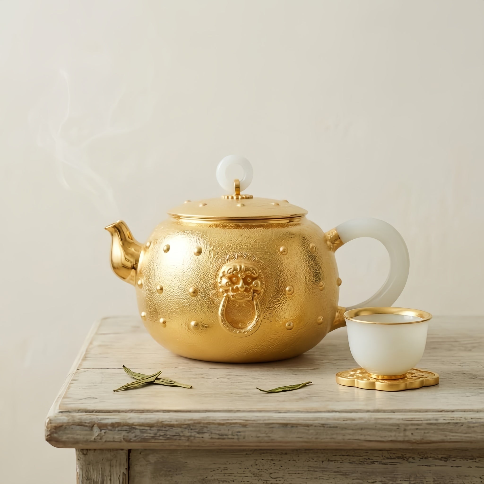 Pure 999 Fine Silver Imperial Ornate Metal Teapot with White Stone Handle and Mythical Guardian Mask - Handicraft